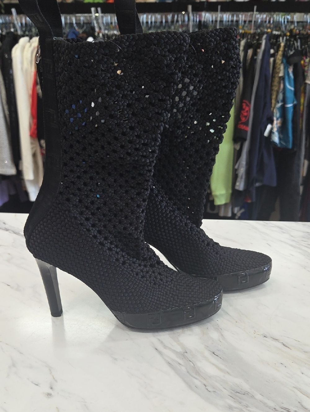 Fendi Black Crochet Knit Mid-Calf High-Heel Boots